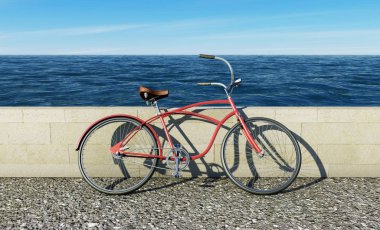 Bir deniz 3d render yakınındaki eski bir bisiklet ayakta