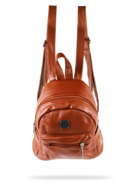 Kahverengi deri sırt çantası beyaza izole edilmiş.