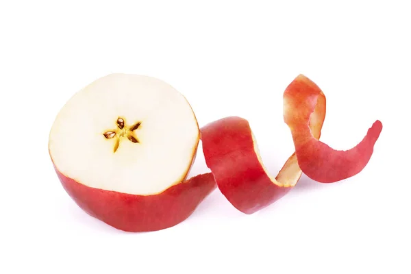 Zbliżenie, skręcone Peel Czerwone jabłko na białym tle na białym tle — Zdjęcie stockowe