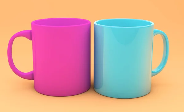 Tasses colorées sur un fond coloré rendu 3d — Photo