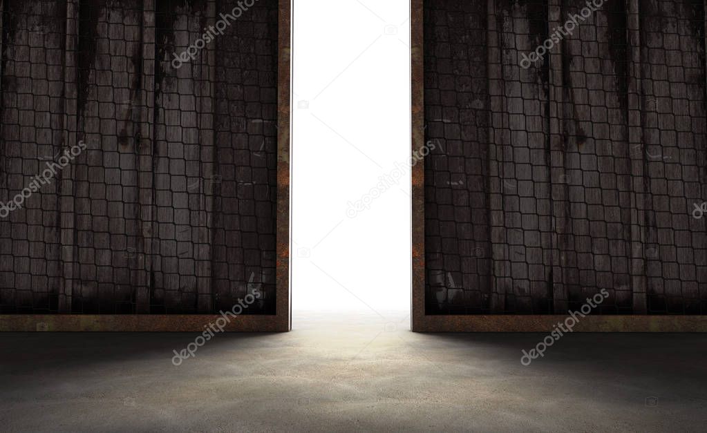 abstract opening in wall with bright daylight in concrete interi