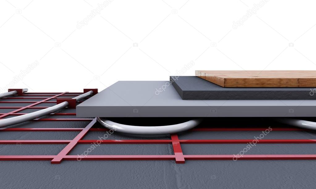 Floor heating system. We see layers of insulation for heating. 3