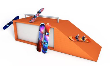 Beyaz arka plan 3d render atlama snowboard
