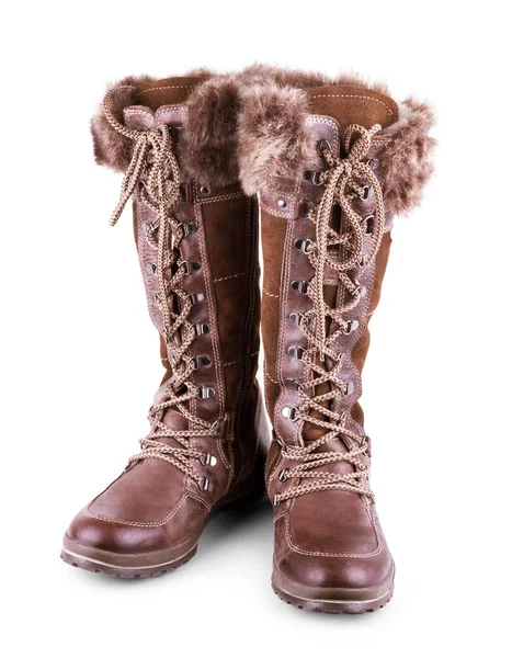 Pair of female boots with fur. Isolate on white. — Stock Photo, Image