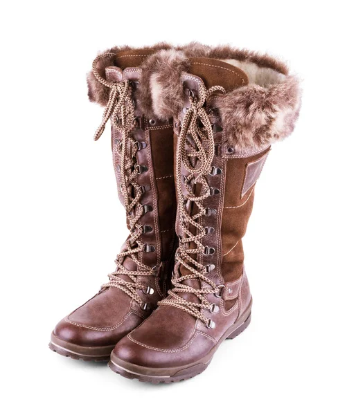 Pair of female boots with fur. Isolate on white. — Stock Photo, Image
