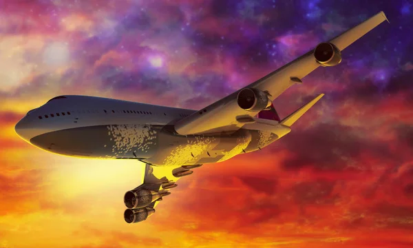 Samolot pasażerski nad chmurami. 3d renderowanie — Zdjęcie stockowe