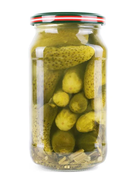 Pickled cucumbers in a glass jar isolated on white background — Stock Photo, Image