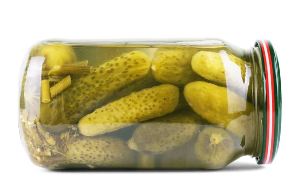 Pickled cucumbers in a glass jar isolated on white background — Stock Photo, Image