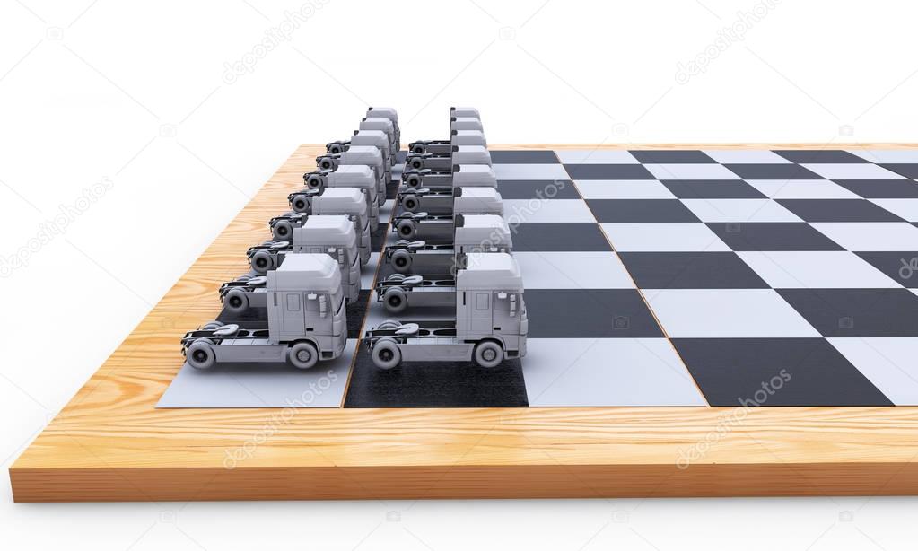 trucks on a chessboard 3d render