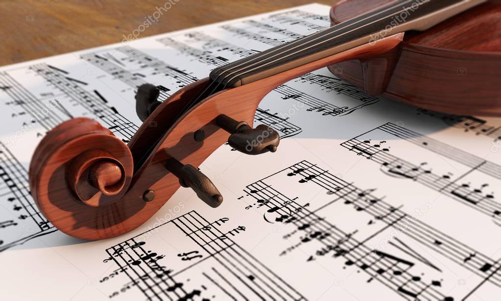 Vintage viola on sheet music background 3d render