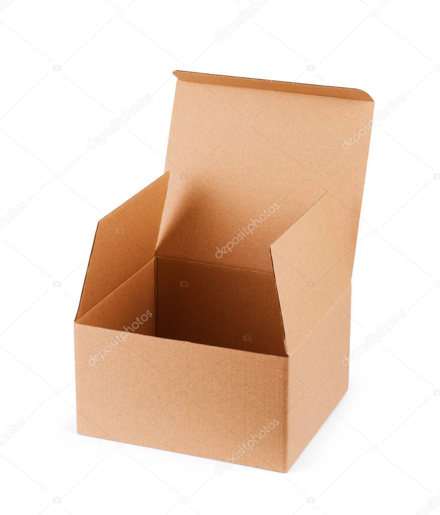 Opened cardboard box Isolated on white background.