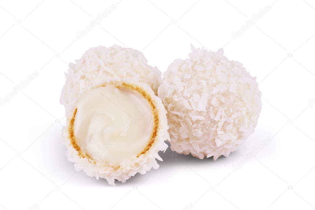 White Chocolate Candy With Coconut Topping On White Background