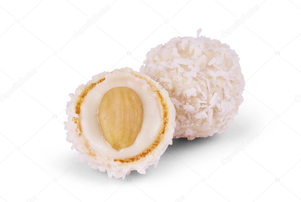 White Chocolate Candy With Coconut Topping On White Background