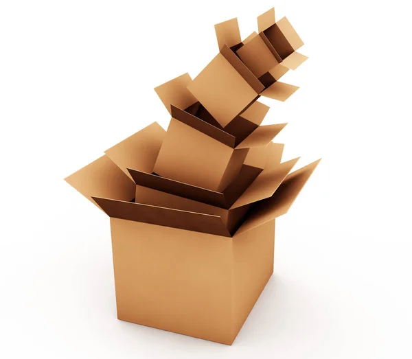 Representación 3D de una gran cantidad de cajas de cartón, algunas de ellas abiertas othe — Foto de Stock