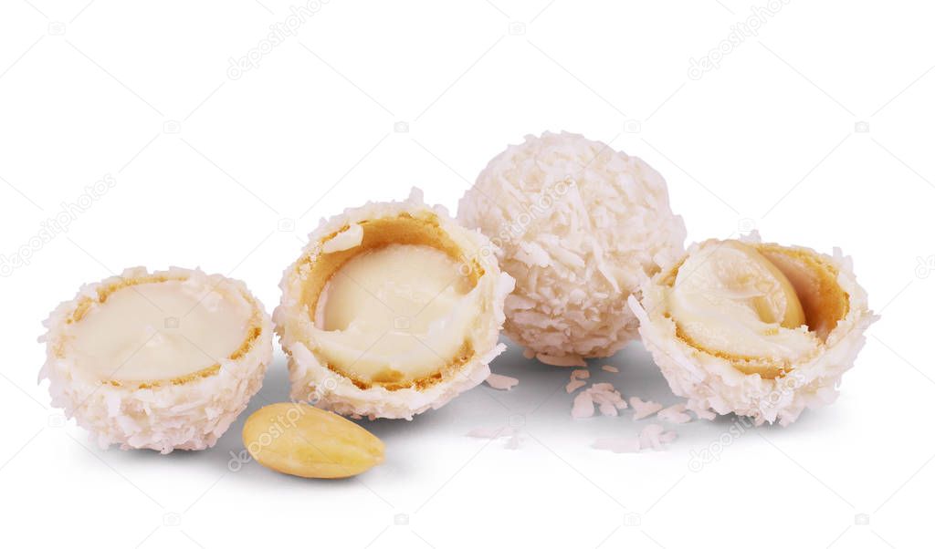 White Chocolate Candy With Coconut Topping On White Background