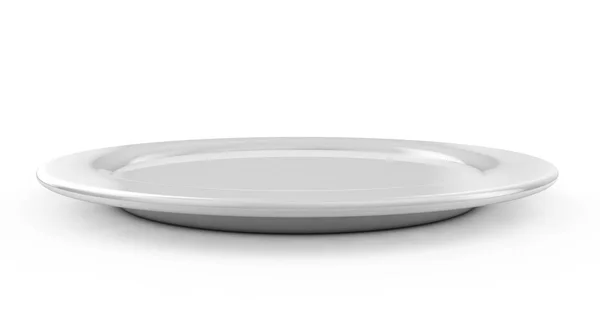 Empty white plate on served, 3D render, isolated — Stock Photo, Image