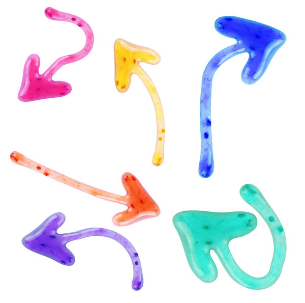 a jam in the form of arrows different colors and shapes on a whi