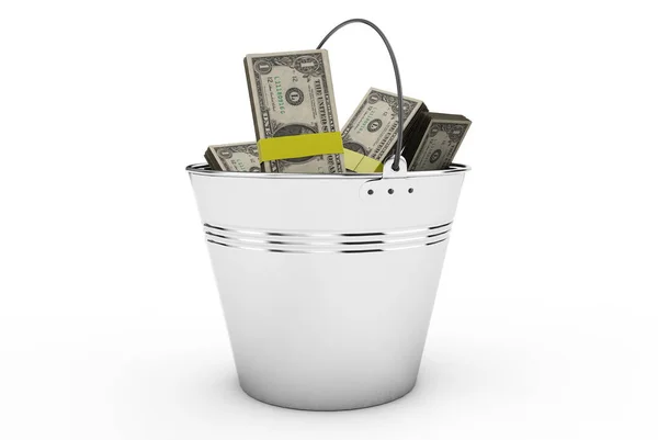 Dolarów w metalowym wiadrze na białym tle render 3d — Zdjęcie stockowe
