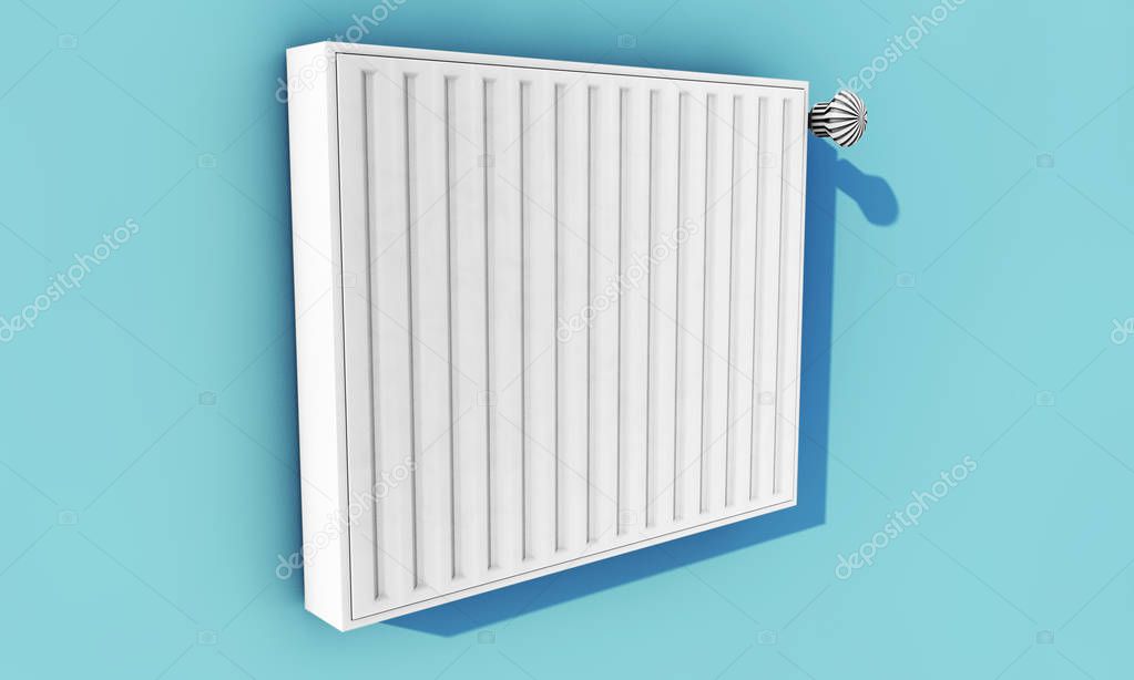 Heating system on blue wall in a house (3D Rendering)