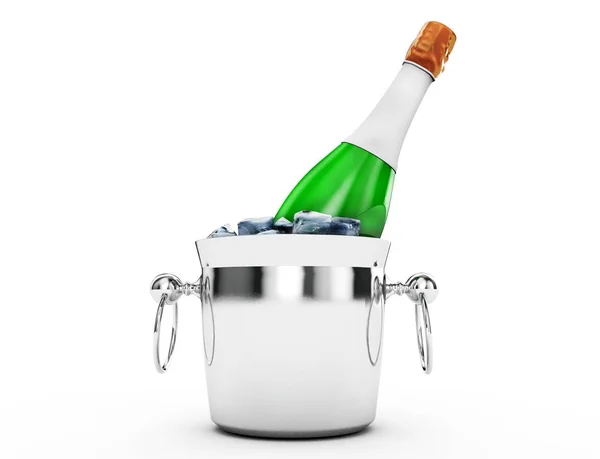 Bir kova buz üzerinde beyaz backgrou izole ile şampanya şişe — Stok fotoğraf