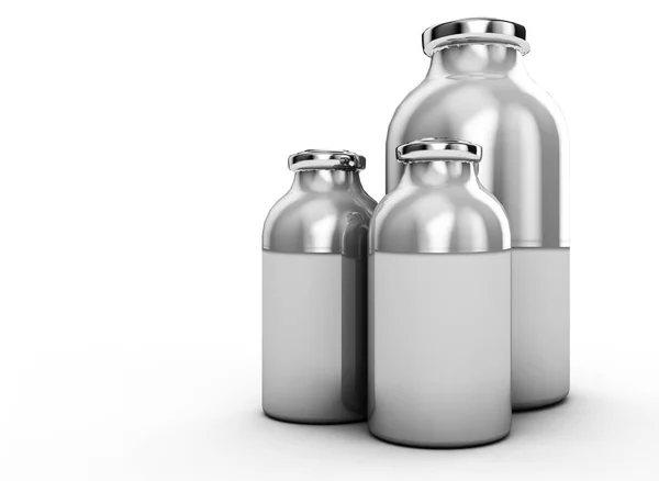 3d representación de tres frascos de plástico blanco en blanco de diferente tamaño — Foto de Stock
