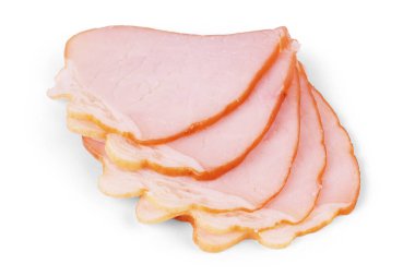 Jambon beyaz zemin üzerine dilimlenmiş. Taze prosciutto. Dilimlenmiş domuz jambon 