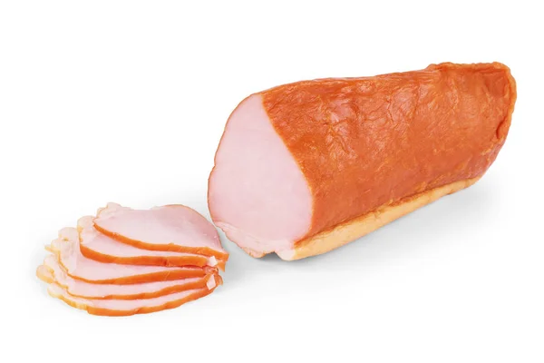 Calcetín de jamón de cerdo deshuesado ahumado envuelto en malla aislada en whi —  Fotos de Stock
