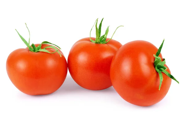 Свіжий червоний помідор з зеленим стеблом на білому тлі — стокове фото