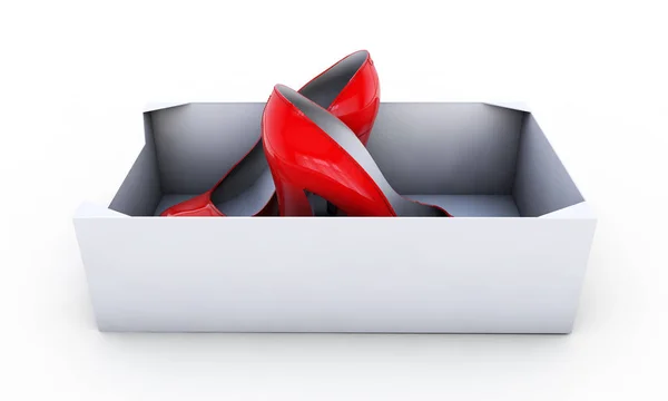 Czerwone buty kobiece w opakowania na białym tle na biały - 3d render ilustracji — Zdjęcie stockowe
