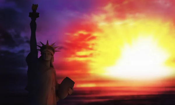 Die Silhouette der Freiheitsstatue im Hintergrund des Sonnenaufgangs 3d — Stockfoto