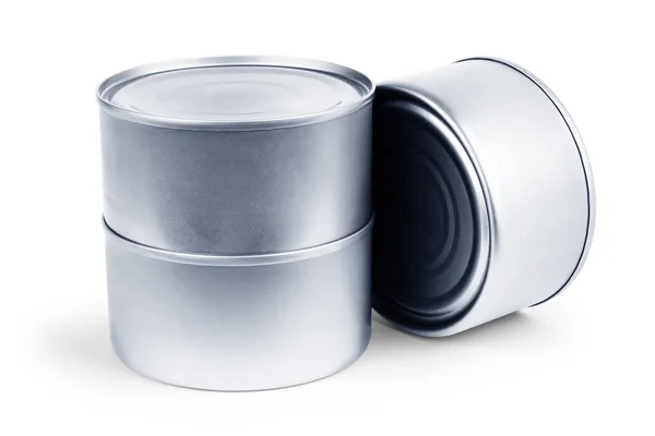 Fehér üres tincan fém konzervdoboz, konzervek. — Stock Fotó