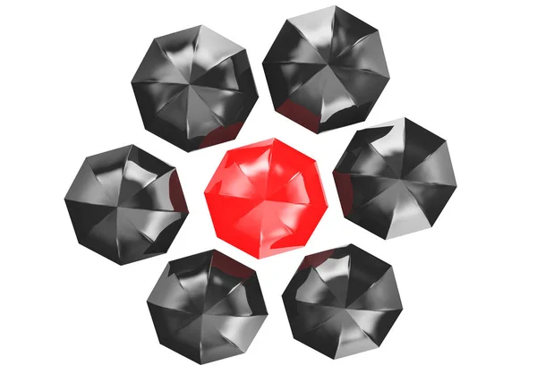 3d ilustración de un paraguas rojo en medio de varios negro — Foto de Stock