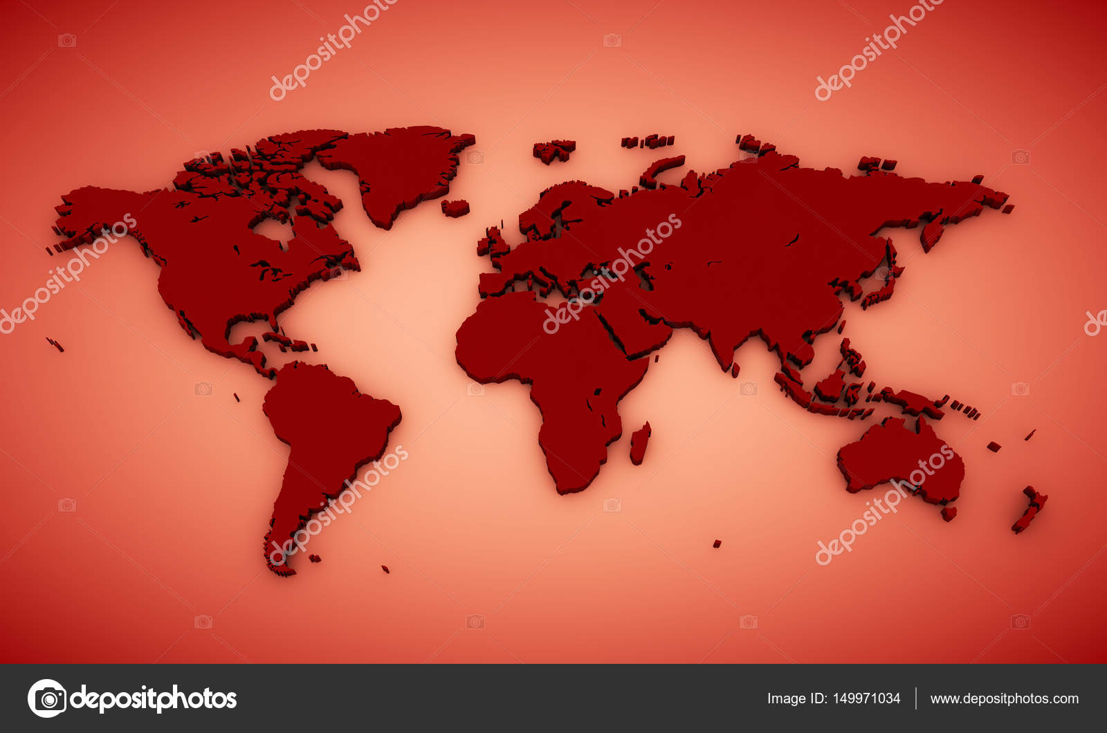 Red 3D render map of world with dropped shadow on background. Wo Stock ...