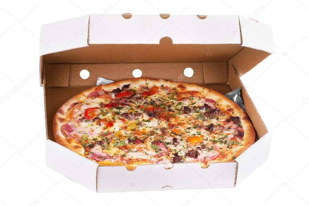 Pizza with seafood, red pepper and green olives in cardboard box