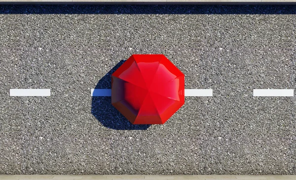 Απόδοσης 3D της κόκκινη ομπρέλα στον δρόμο, κάτοψη — Φωτογραφία Αρχείου