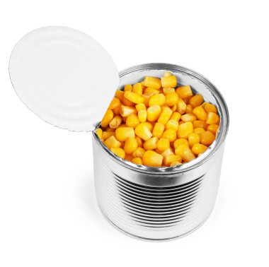 Üzerinde beyaz backgrou izole bir açılan tincan konserve mısır