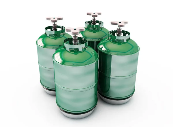 Primo piano di una bombola di gas metano blu rossa e verde (rendering 3d — Foto Stock