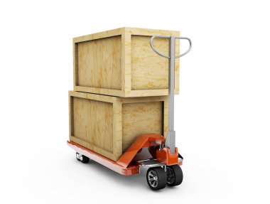 Palet Jack ve plastik palet ayarlamak beyaz arka plan üzerinde 3d render