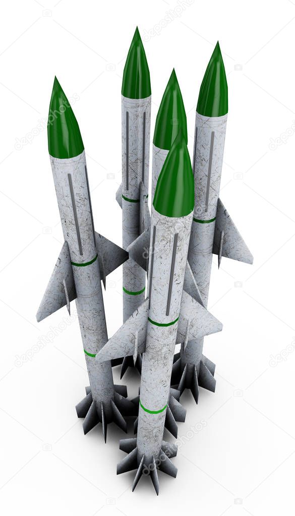 two stage missile, rocket with fins on white background 3D illus