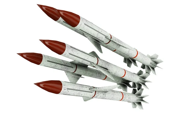 Misil de dos etapas, cohete con aletas sobre fondo blanco 3D illus —  Fotos de Stock