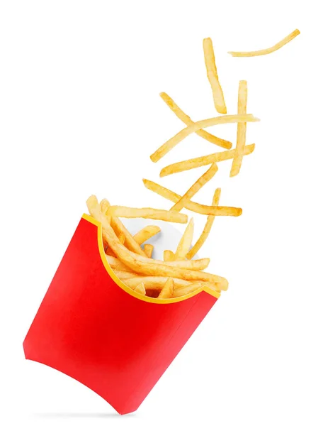 Pommes Frites fliegen in einen roten Karton auf weißem Hintergrund — Stockfoto