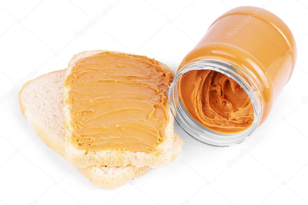 peanut butter on a slice of Toast. Isolated on a white backgroun
