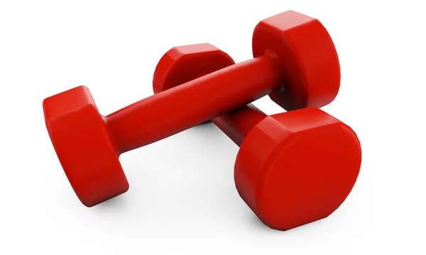 Two red rubber or plastic coated fitness dumbbells isolated on w — Stock Photo, Image