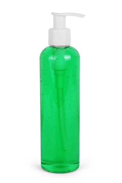 Garrafa de plástico com sabão líquido verde sobre fundo branco — Fotografia de Stock