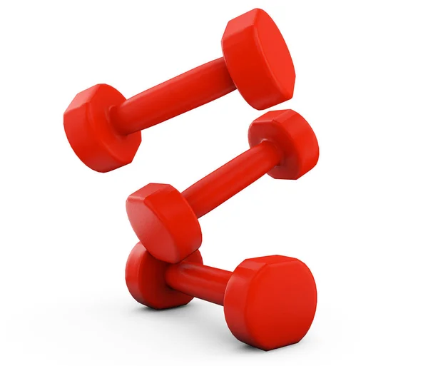 Red rubber or plastic coated fitness dumbbells isolated on whit — Stock Photo, Image