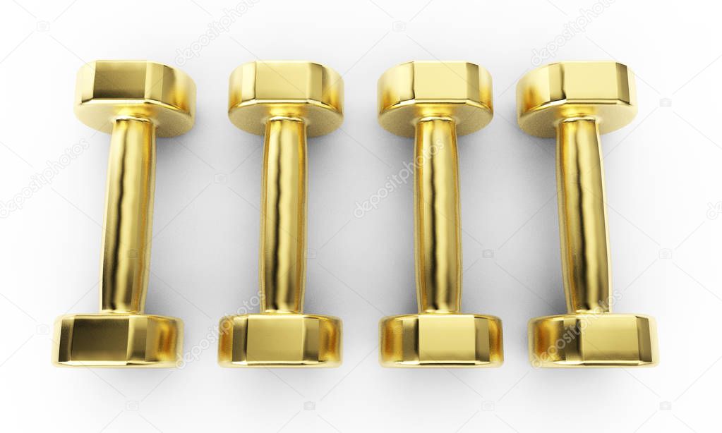 Golden dumbbell isolated on white background, glossy floor. Spor