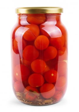 beyaz zemin üzerine konserve domates bir cam kavanoz