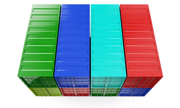 Mnoho barevných skládaných kontejnery. 3D vykreslování — Stock fotografie