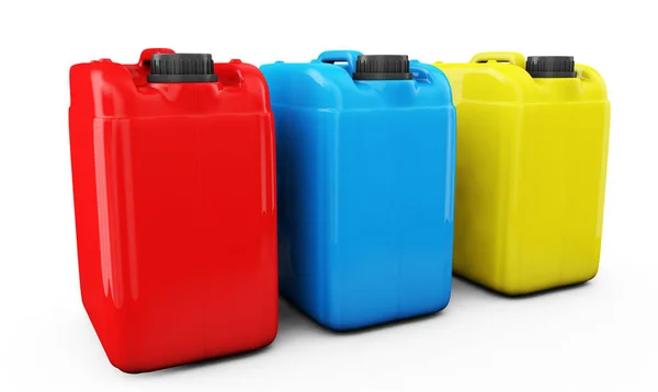 Красный синий и желтый jerrycan изолированы на белом фоне 3d Рен — стоковое фото