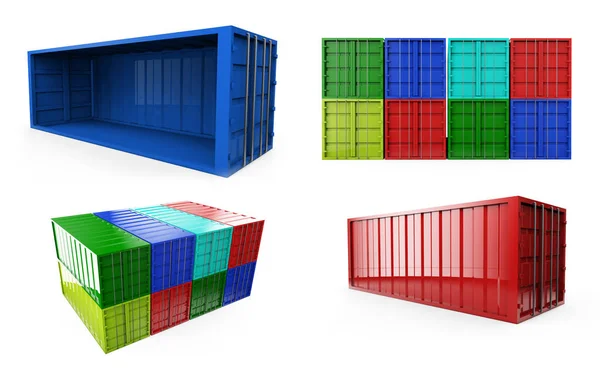 Blue shipping container isolated on white. 3D render. set — Stock Photo, Image